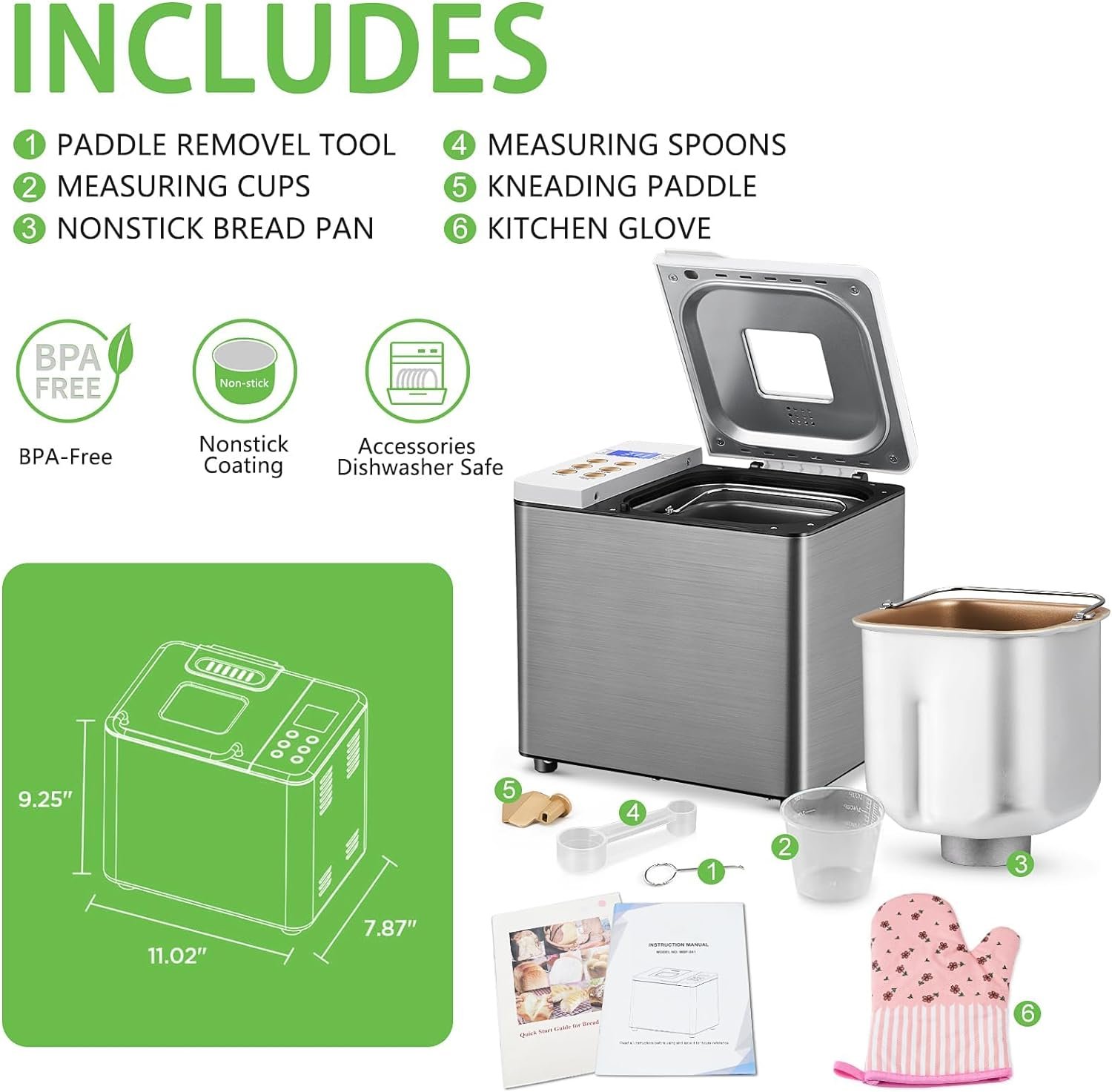 Bread Machine Dual-Heaters, 19-in-1 Horizontal Bread Maker, Gluten Free, Sourdough, Pizza Dough, Jam, Stir-Fry Setting, Stainless Steel, 2LB Loaf, 3 Crust Colors, Nonstick Pan, Auto Keep Warm…