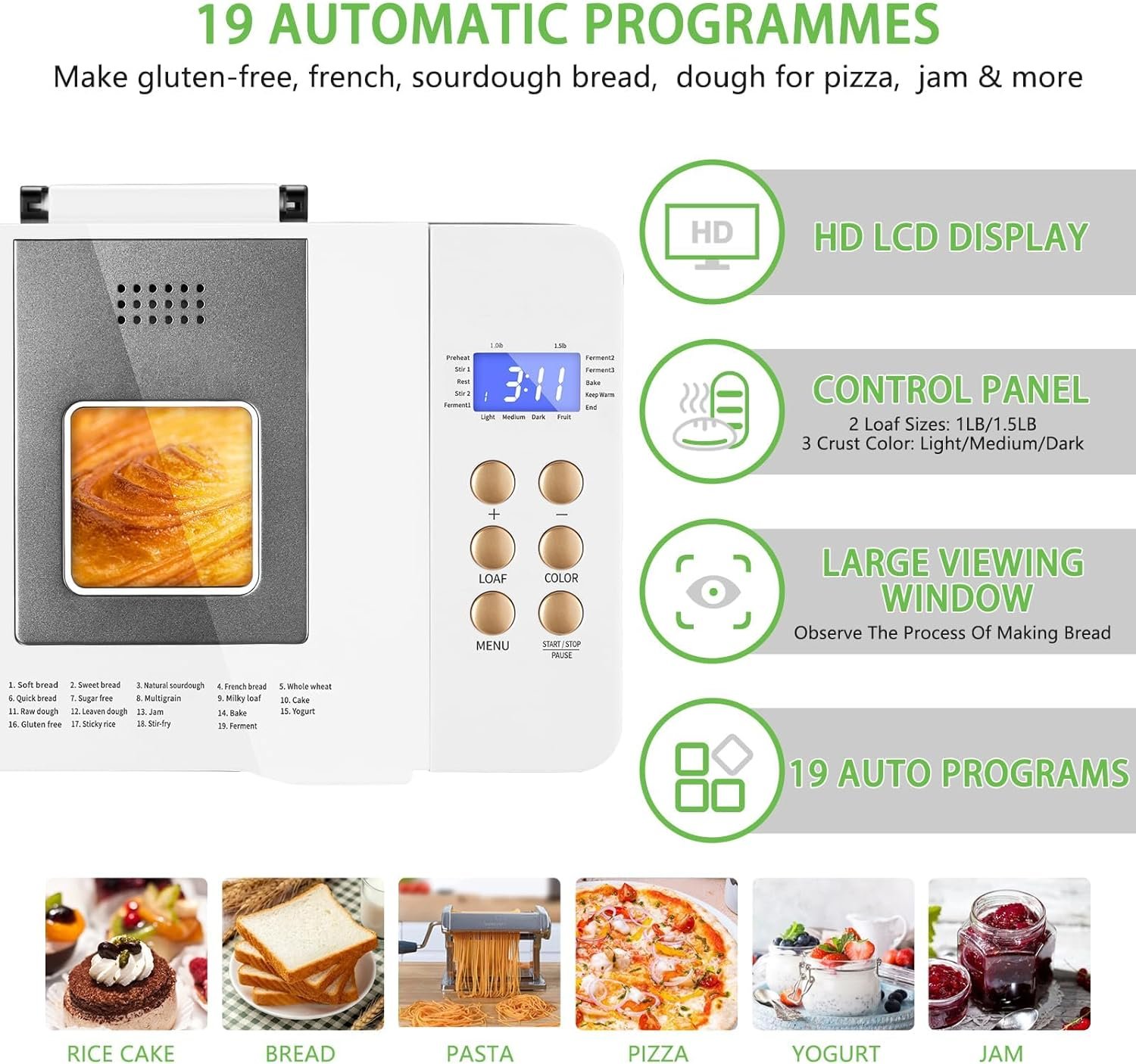 Bread Machine Dual-Heaters, 19-in-1 Horizontal Bread Maker, Gluten Free, Sourdough, Pizza Dough, Jam, Stir-Fry Setting, Stainless Steel, 2LB Loaf, 3 Crust Colors, Nonstick Pan, Auto Keep Warm…