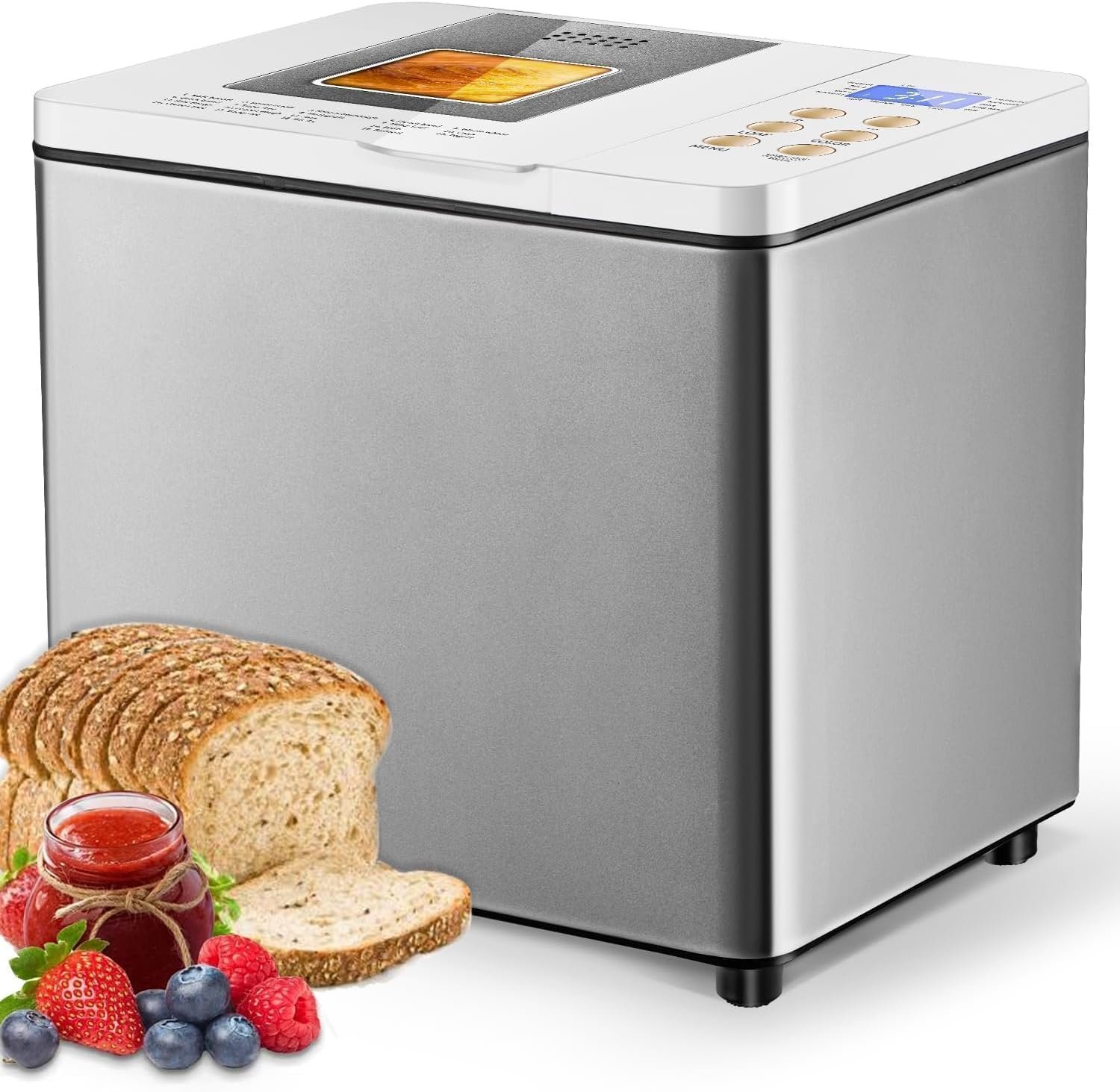 Bread Machine Dual-Heaters, 19-in-1 Horizontal Bread Maker, Gluten Free, Sourdough, Pizza Dough, Jam, Stir-Fry Setting, Stainless Steel, 2LB Loaf, 3 Crust Colors, Nonstick Pan, Auto Keep Warm…