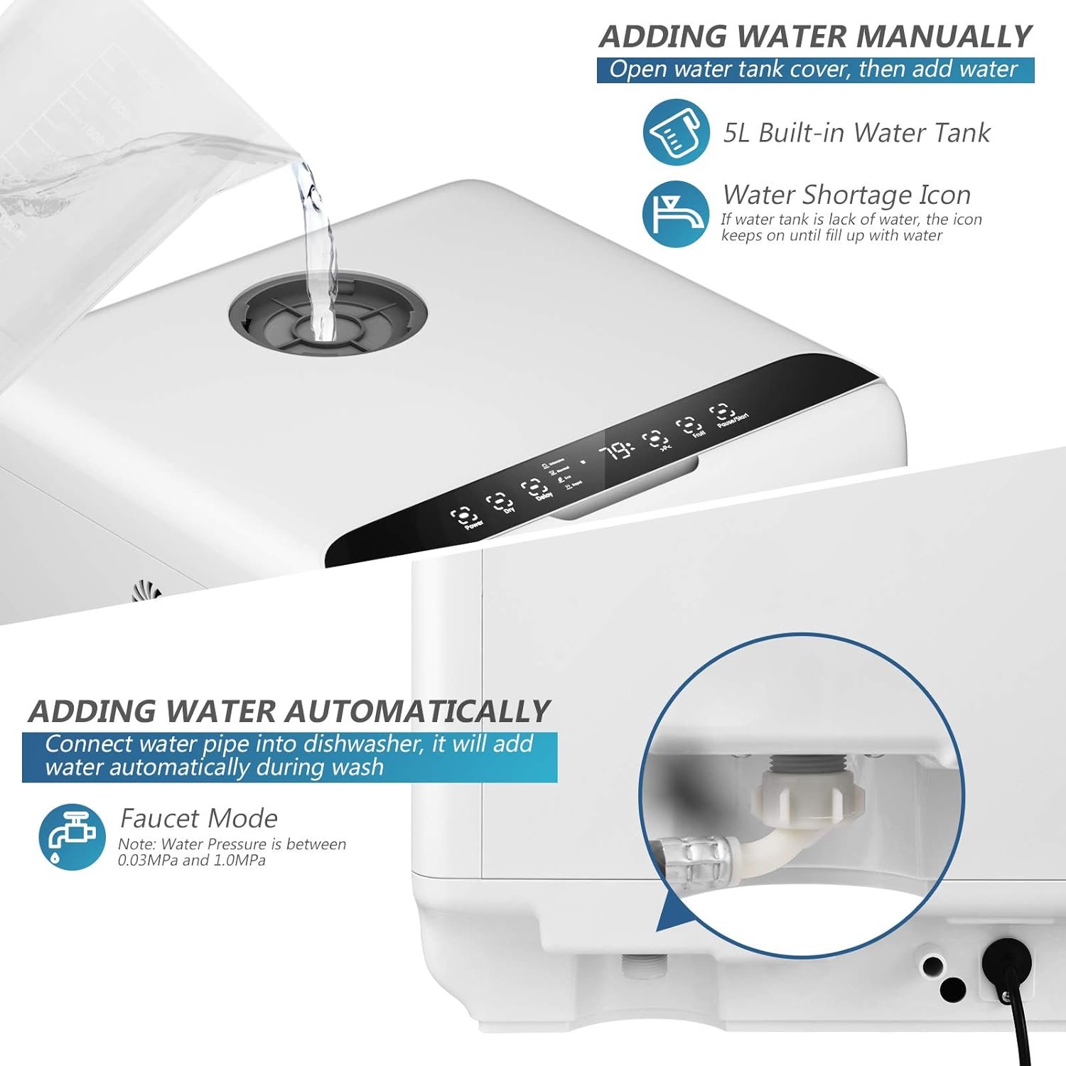 COSTWAY Portable Countertop Dishwasher, Compact Dishwasher with 5 L Built-in Water Tank, 5 Washing Programs, Air-dry Function, Fruit Washing, Delay Function, Mini Dishwasher for Apartment, RVs, White