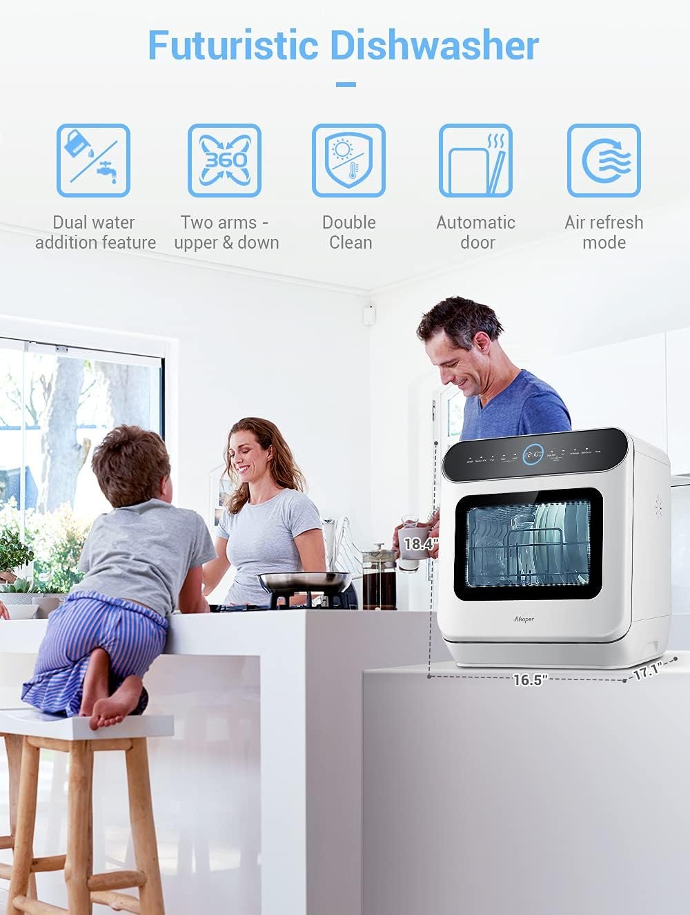 Countertop Dishwasher, Aikoper Portable Compact Dishwasher with 6L Built-in Water Tank  Water Hose Inlet, Mini Dish washer with 5 Programs, Quick, for Small Apartment, Dorms, RVs - Black/White