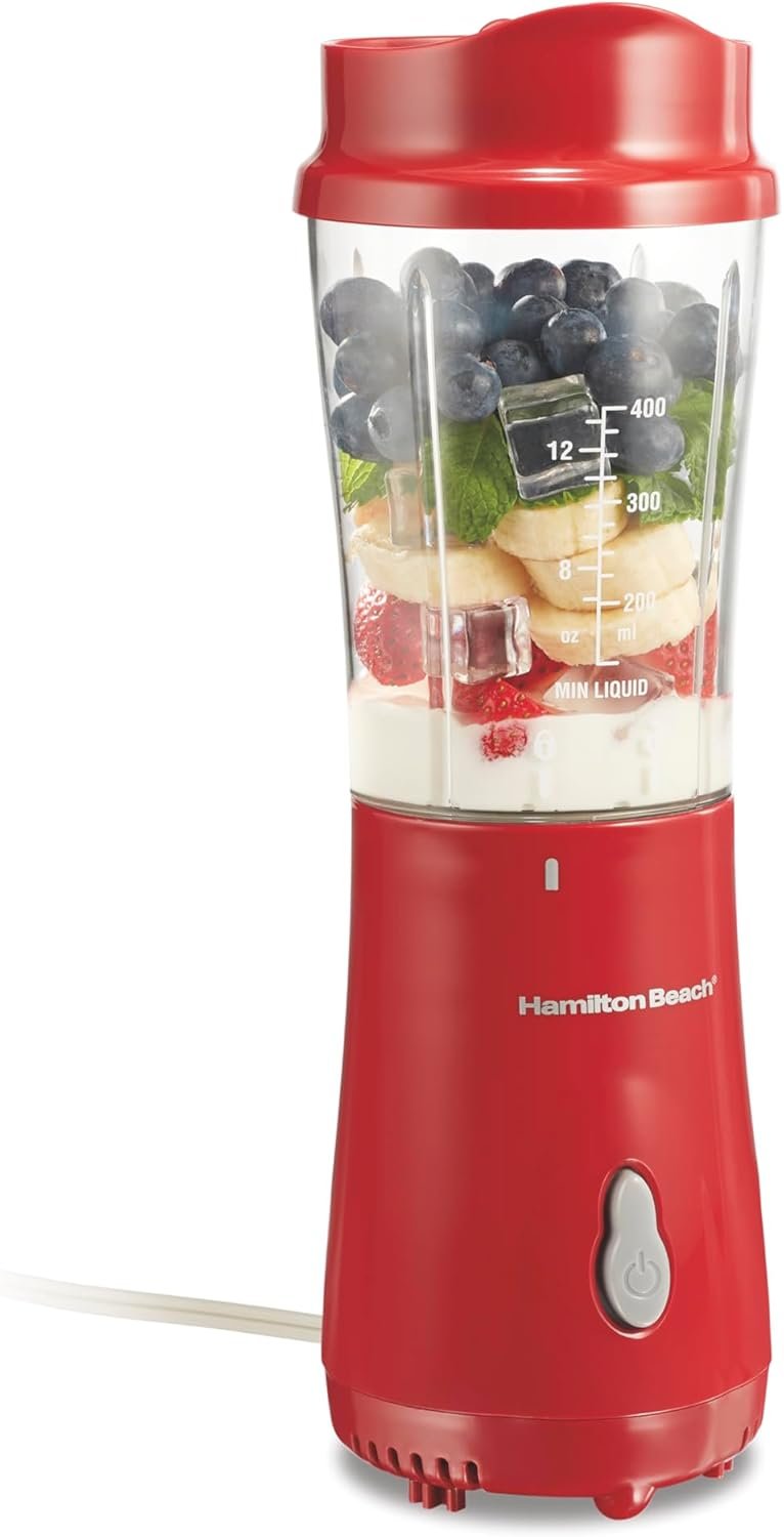 Hamilton Beach Portable Blender for Shakes and Smoothies with 14 Oz BPA Free Travel Cup and Lid, Durable Stainless Steel Blades for Powerful Blending Performance, Red (51101RV)