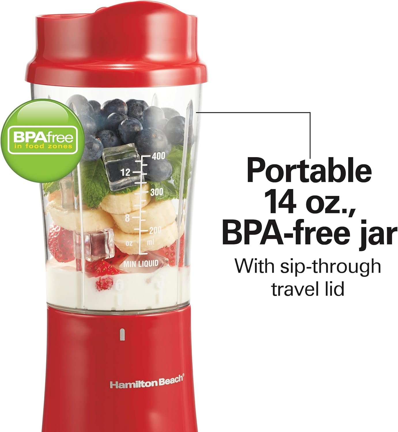 Hamilton Beach Portable Blender for Shakes and Smoothies with 14 Oz BPA Free Travel Cup and Lid, Durable Stainless Steel Blades for Powerful Blending Performance, Red (51101RV)