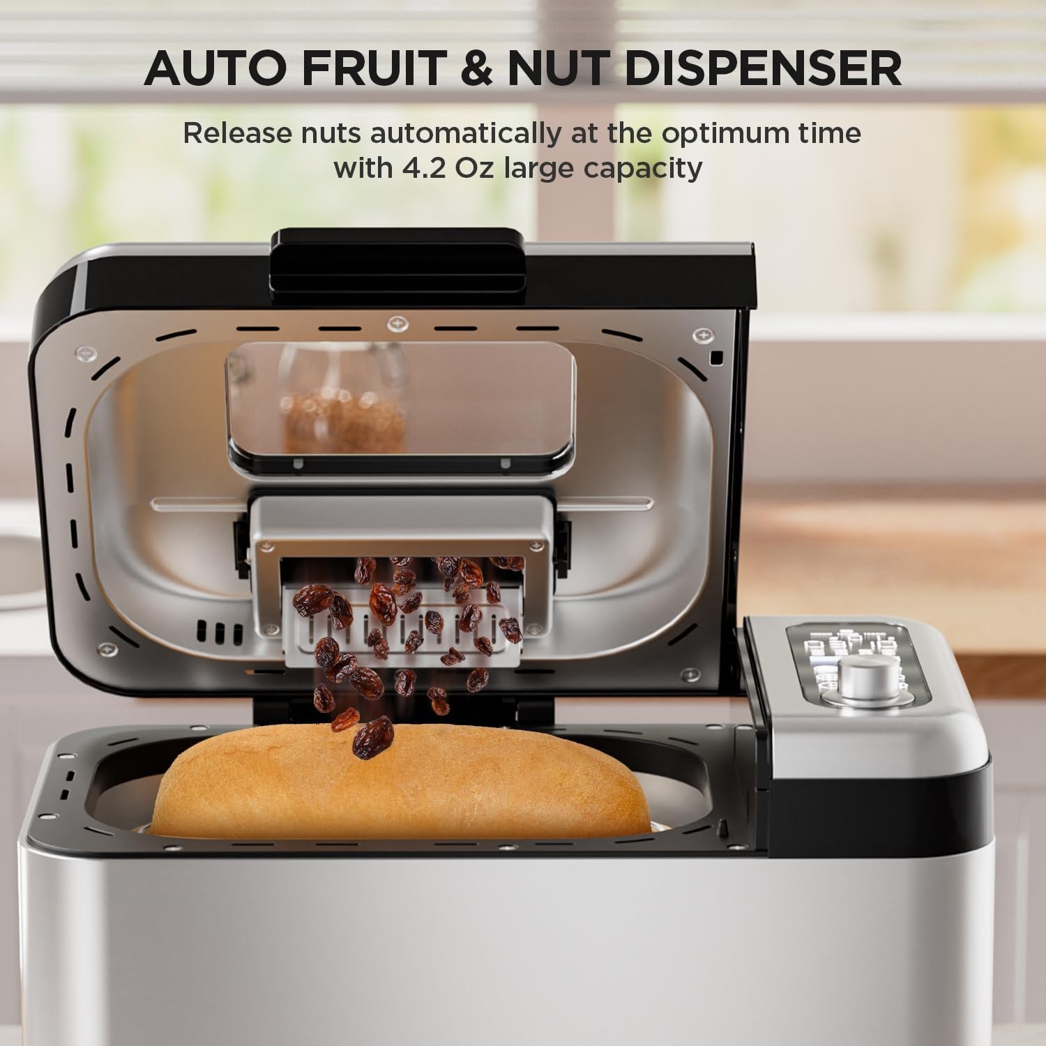 Neretva Bread Maker Machine, 15-in-1 3.3LB Automatic Breadmaker with Dual Kneading Paddles Digital, Programmable, 1 Hour Keep Warm, 3 Loaf Sizes, 3 Crust Colors Auto Nut Dispenser Stainless Steel