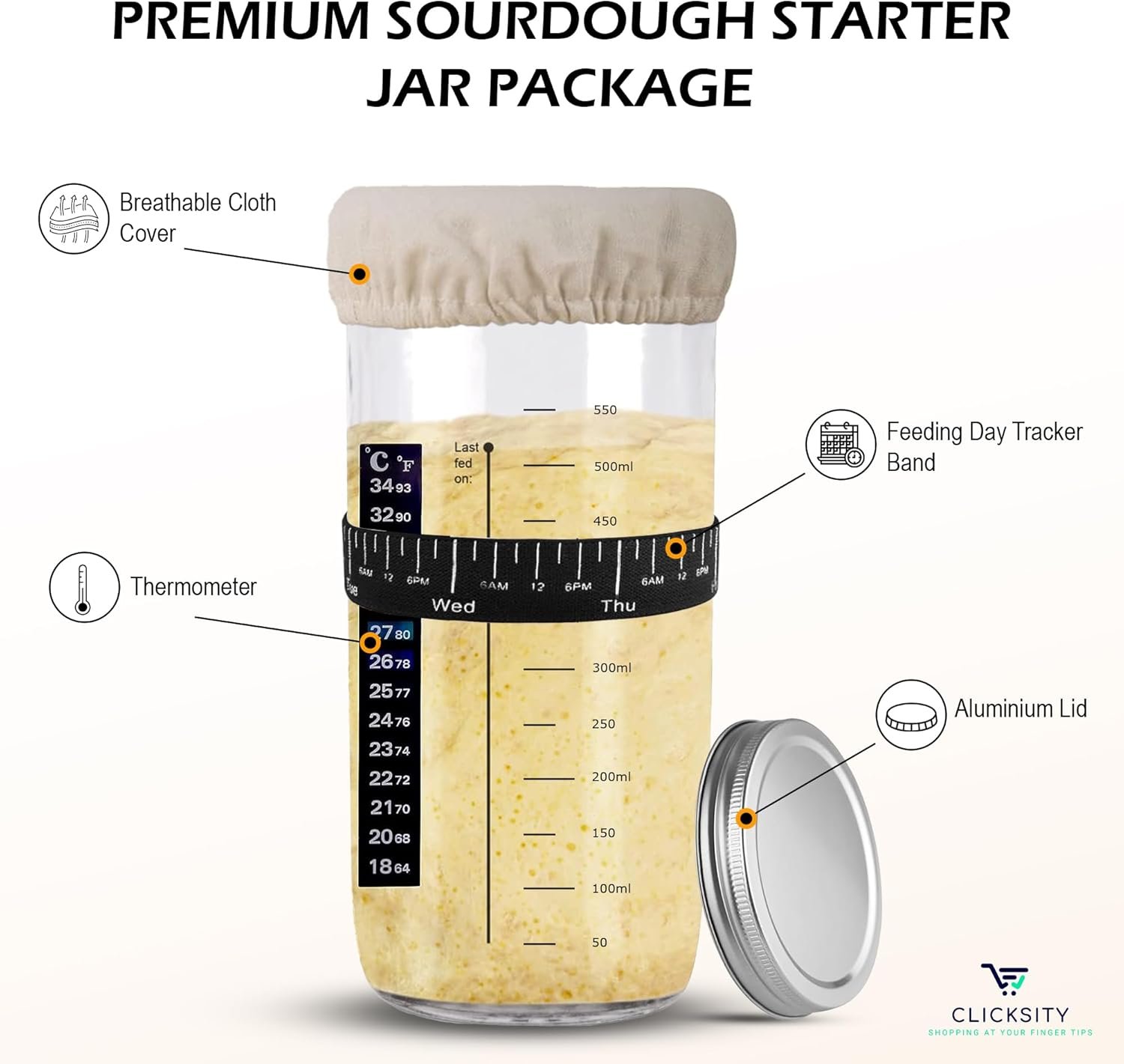 Beginners Sourdough Bread Maker Starter Kit with Thermometer - Makes 2-3 Loafs of Fresh Sourdough Bread with this Fermentation Jar Kit