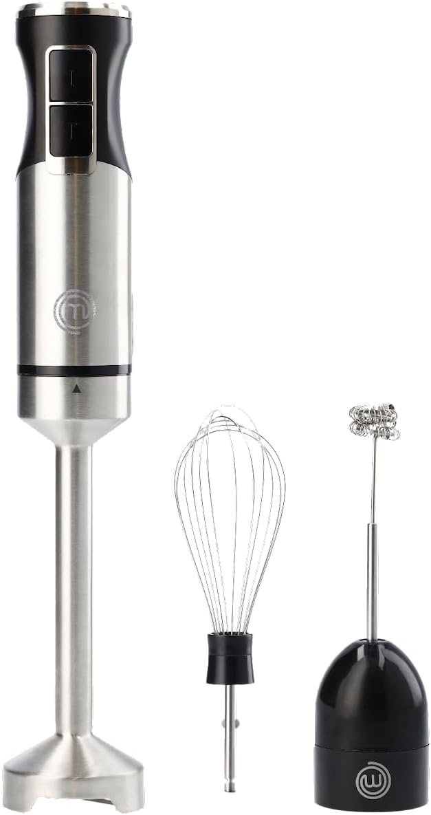 MasterChef Immersion Blender Handheld with Electric Whisk  Milk Frother Attachments, Hand Held Stainless Steel Stick Emulsifier for Making Baby Food, Soup, Puree, Cake, Cappuccino, Latte etc, 400W