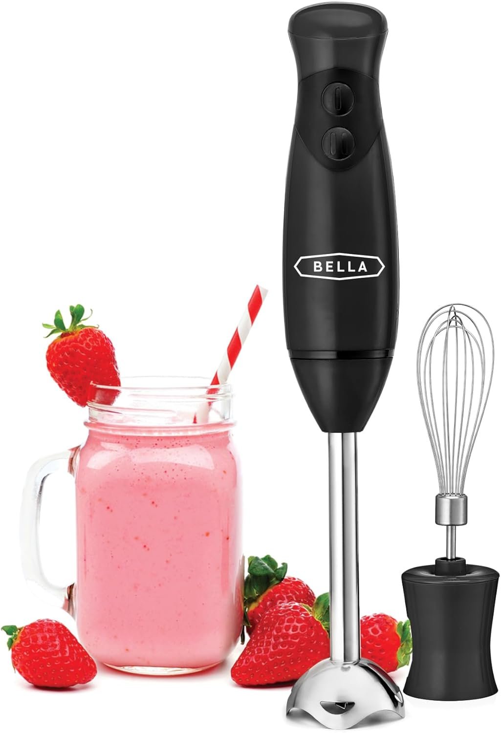 BELLA Immersion Hand Blender, Portable Mixer with Whisk Attachment - Electric Handheld Juicer, Shakes, Baby Food and Smoothie Maker, Stainless Steel, Black