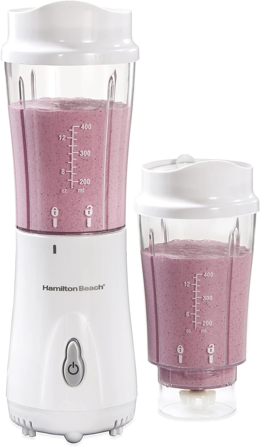 Hamilton Beach Portable Blender for Shakes and Smoothies with 14 Oz BPA Free Travel Cup and Lid, Durable Stainless Steel Blades for Powerful Blending Performance, 2 Jars - White (51102V)