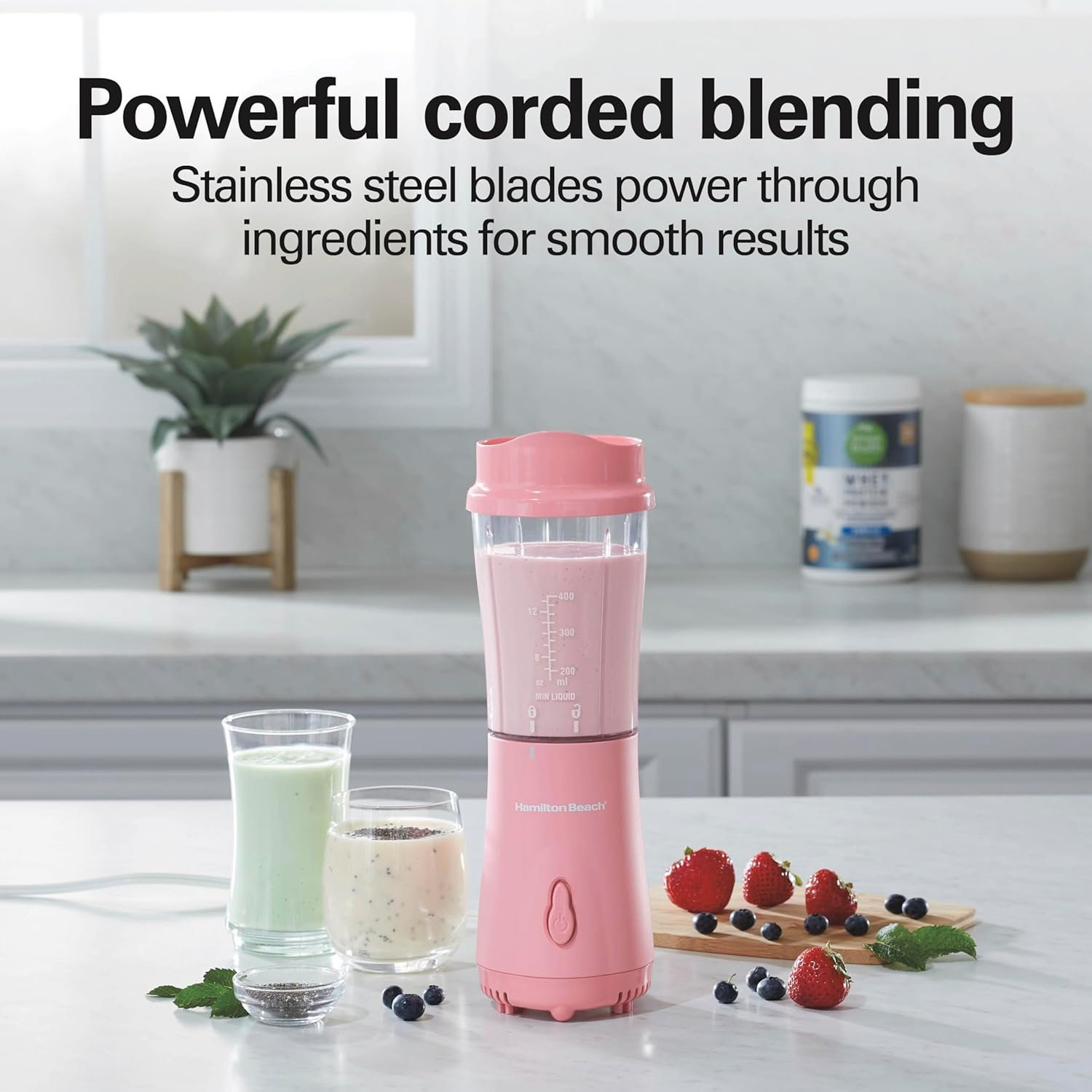 Hamilton Beach Portable Blender for Shakes and Smoothies with 14 Oz BPA Free Travel Cup and Lid, Durable Stainless Steel Blades for Powerful Blending Performance, 2 Jars - White (51102V)