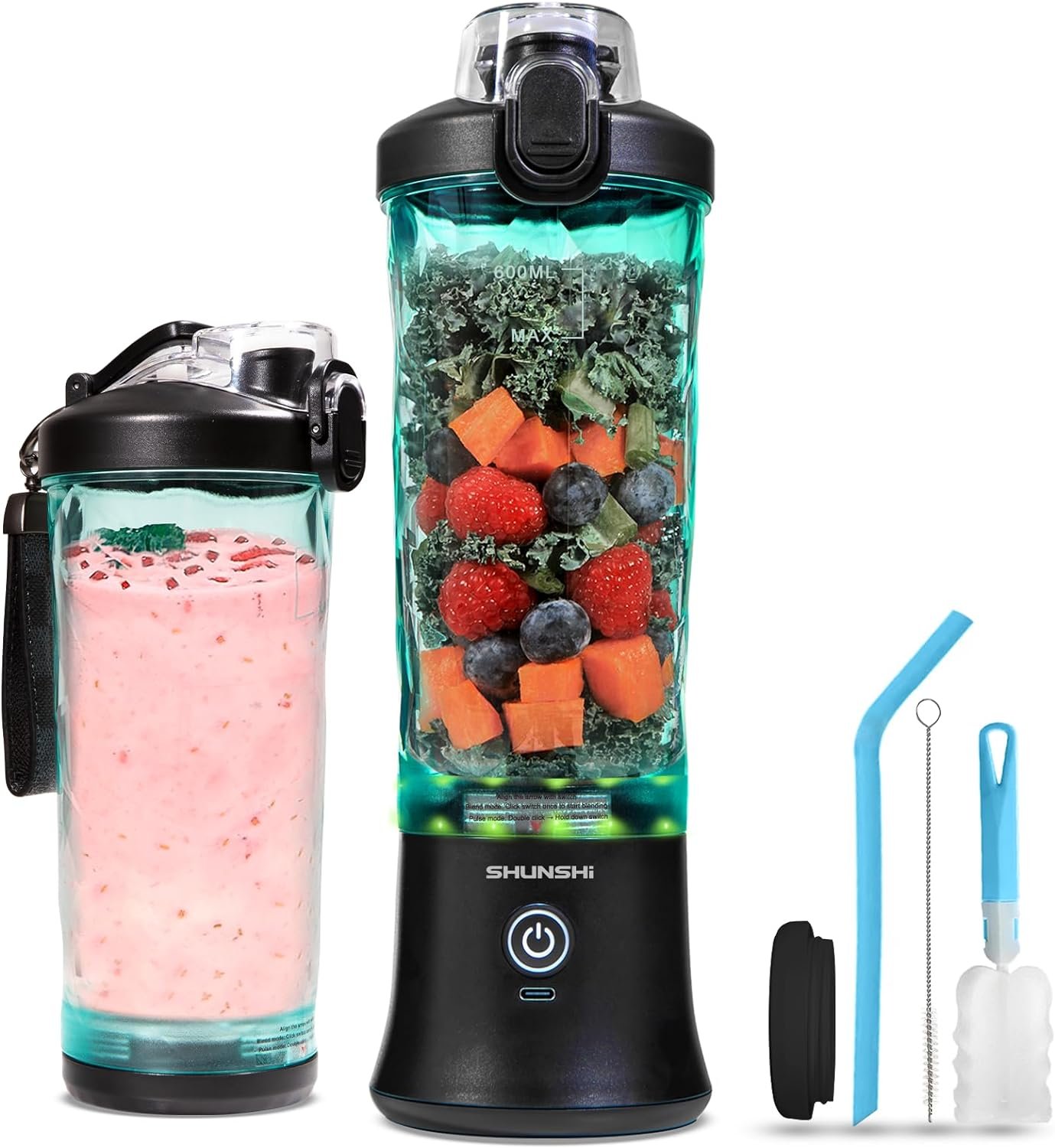 Portable Blender 20 Oz, Personal Blender for Shakes and Smoothies with 6 Blades, Cordless Travel Blender Cup, Single Serve Blender, Mini Small Smoothie Blender Bottle for Kitchen, Home, Travel (Black)