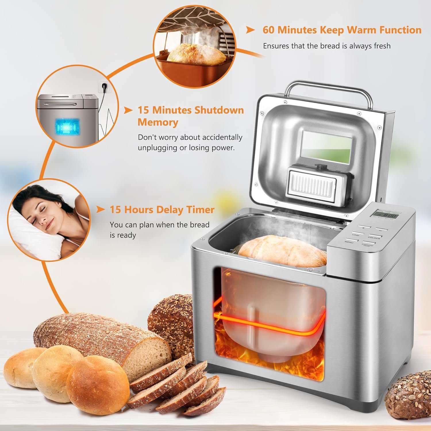 19 in 1 Automatic Dispenser Big Bread Maker Machine, 2.2LB Stainless Steel Bread Maker, 15H Timer1H Keep Warm,Sourdough,Gluten-Free,Dough Maker, 650W Bread Machine with Nonstick Pan,Recipes