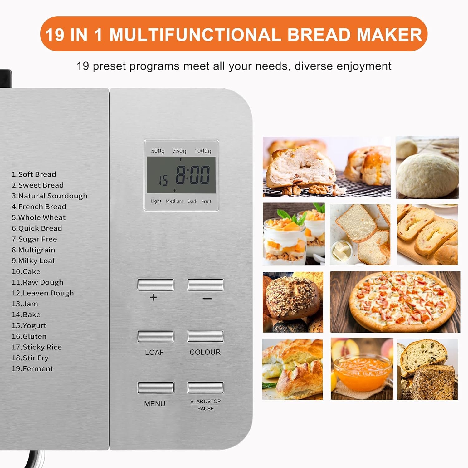 19 in 1 Automatic Dispenser Big Bread Maker Machine, 2.2LB Stainless Steel Bread Maker, 15H Timer1H Keep Warm,Sourdough,Gluten-Free,Dough Maker, 650W Bread Machine with Nonstick Pan,Recipes