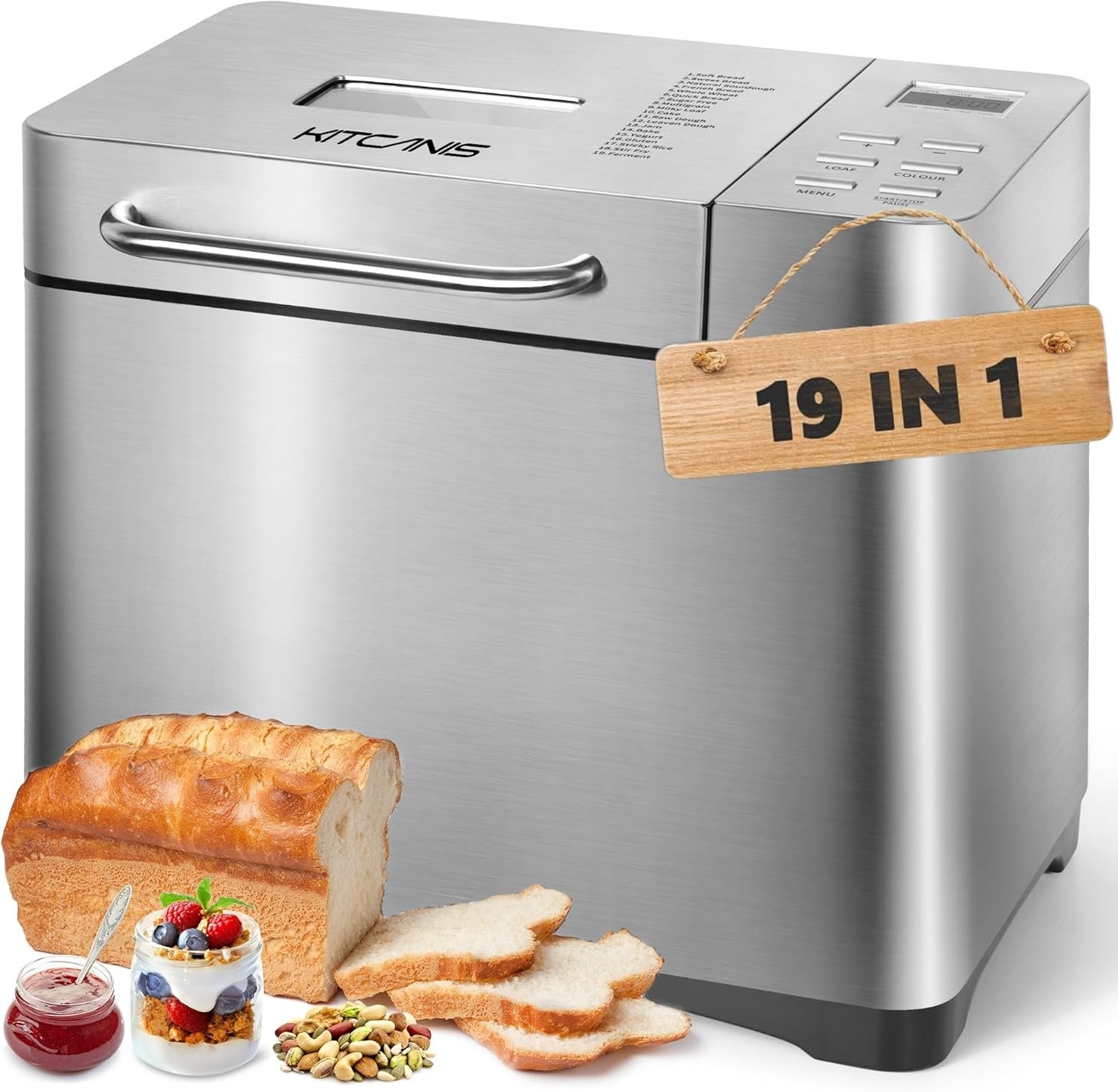 19 in 1 Automatic Dispenser Big Bread Maker Machine, 2.2LB Stainless Steel Bread Maker, 15H Timer1H Keep Warm,Sourdough,Gluten-Free,Dough Maker, 650W Bread Machine with Nonstick Pan,Recipes