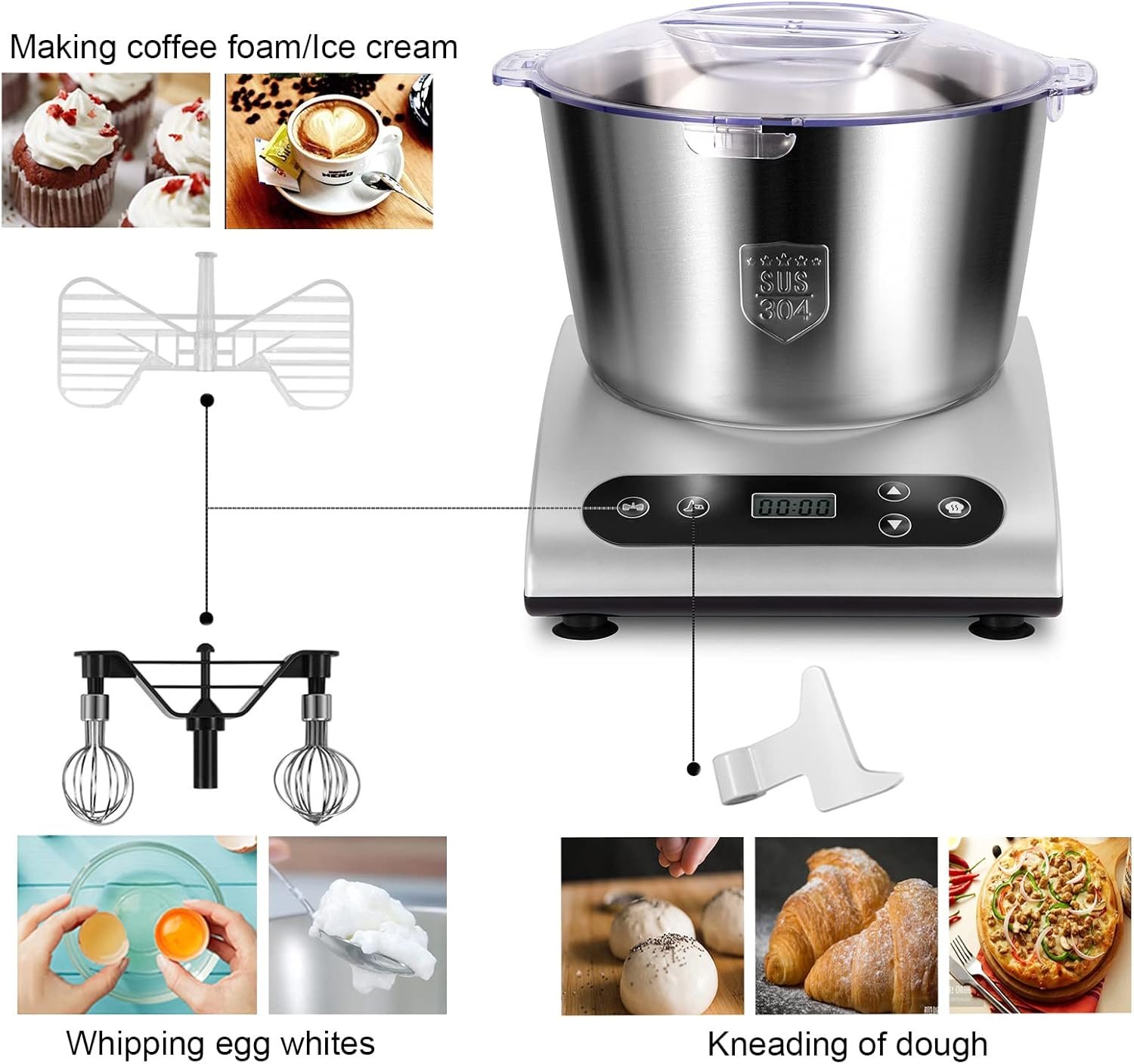 Mixer Kitchen Electric Stand Mixers LCD Display 6QT Bowl And Heating  Fermentation Function With Dough Hock,Cream Sticker,Egg Whick(Silver)