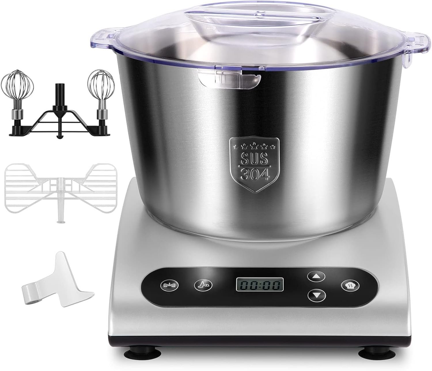 Mixer Kitchen Electric Stand Mixers LCD Display 6QT Bowl And Heating  Fermentation Function With Dough Hock,Cream Sticker,Egg Whick(Silver)