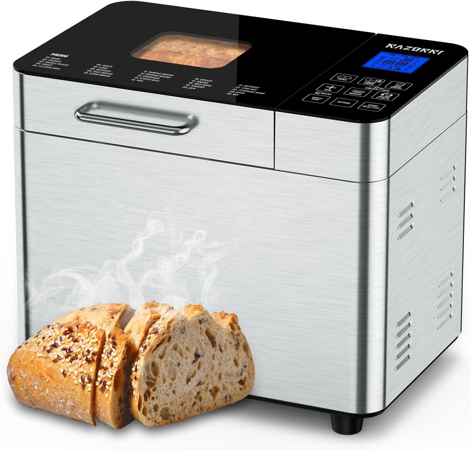 Razorri Bread Maker Machine Stainless Steel UL Certified, Nonstick Bread Pan, Homemade 2Lbs Breadmaker, Gluten-Free Setting, 15H Delayed-start, 1H Keep Warm, 3 Crust Colors and 3 Loaf Sizes